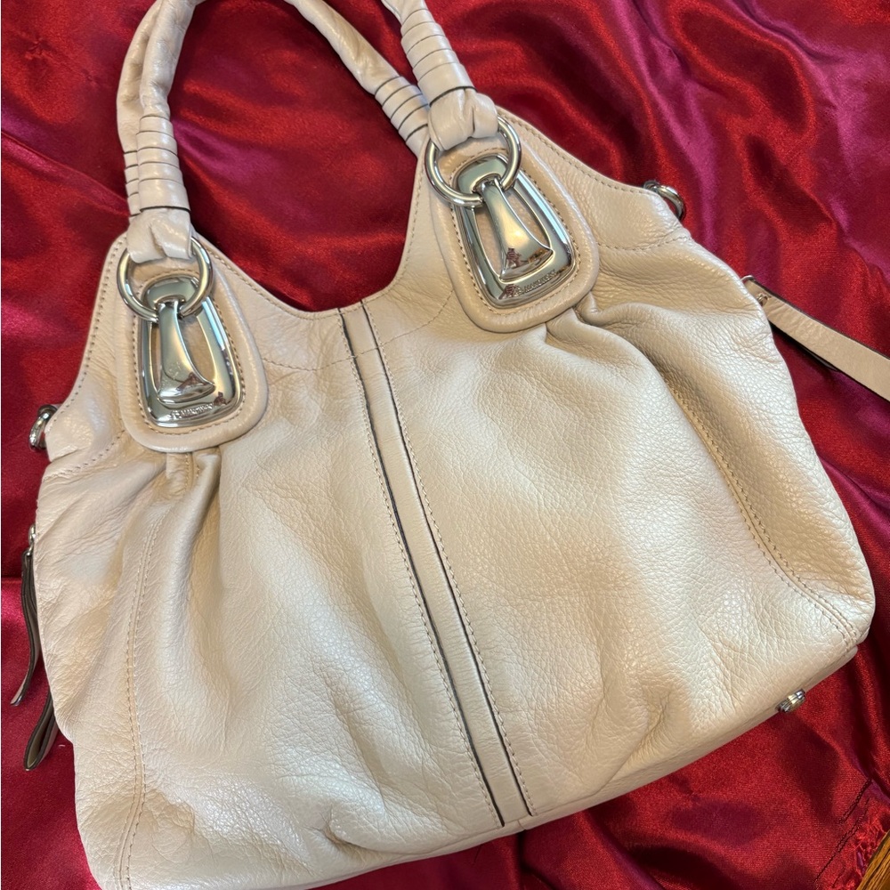 B. MAKOWSKY Ivory Leather Hobo Bag Ocelot Lining and Silver Hardware